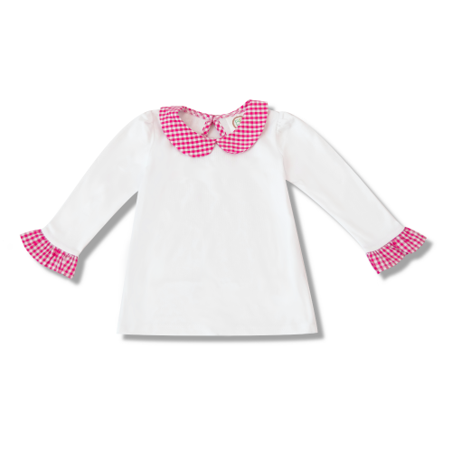 Blank Girl's Long Sleeve Peter Pan Collar Tee with Gingham Trim