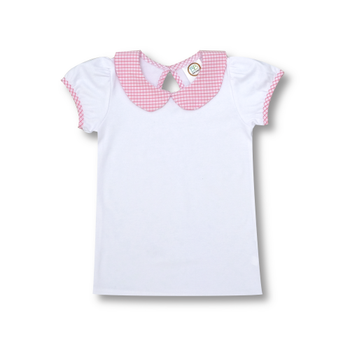 Blank Girl's Short Sleeve Peter Pan Collar Tee with Gingham Trim
